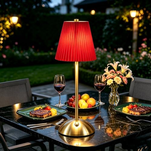 Gold Cordless LED Table Lamps, Red Fabric Shade Desk Lamps（Red - color: Red