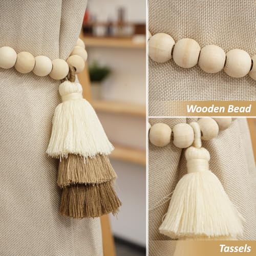 Magnetic Curtain Tiebacks with Wood Beads, Boho Rope Drapery Holdbacks with Triple Tassels, No Drill Curtain Holders for Farmhouse Bedroom, Living Room or Nursery, 2 Pack, Beige Taupe Brown - color: Beige/Taupe/Brown