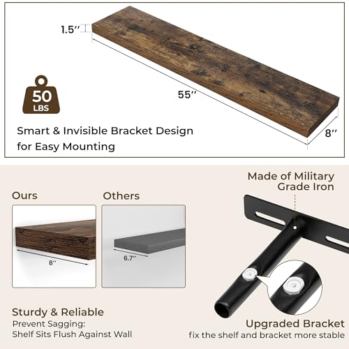 RICHFOCUS Long Floating Shelves for Wall 1Pack|Rustic Brown|55" Lx8 D - color: Rustic Brown, size: 55.1"L x 8"D, Set of 1