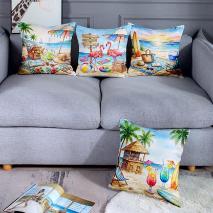 Throw Pillow Covers, Coastal Ocean, Set of 4, 18"x18" - color: Summer Beach