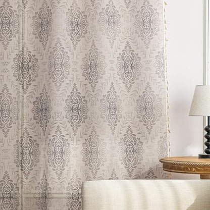 Khaki Geometric Sheer Curtains 54 inch Long, Fringed Edges and Textured Semi Sheer Curtains Large Window Treatments for Living Room/Bedroom, 2 Panels - color: Khaki Geometry, size: 52"W x 54"L (Pack of 2)