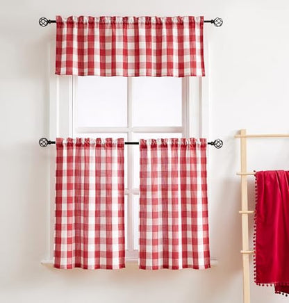 Red Plaid Kitchen Curtains Tiers 36" Half Window Café Curtains Semi Sheers - color: Red and White, size: 24"W x 36"L (Pack of 2)