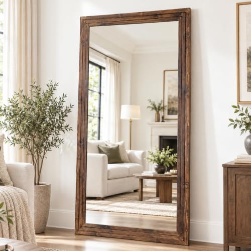 81x41in Full Length Mirror, 3-Tier Stepped Solid Wood Frame, Brown - color: Brown, size: 81"L x 41"W