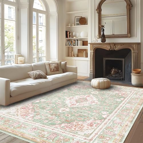 Vhong Washable Area Rugs Boho Vintage Modern Neutral Large Carpet Green and Pink High Traffic Rugs 6×9 for Dinning Room Living Room Bedroom Farmhouse Non Slip - color: Green/Pink, size: 9' x 6' (Rectangular)