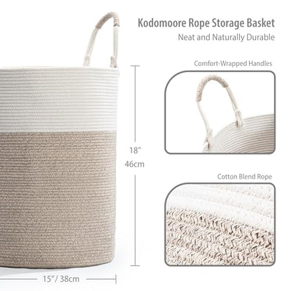 Laundry Hamper Basket, Woven Cotton Rope Blanket Basket, Nursery Storage - color: White & Brown, size: 15"D x 18"H