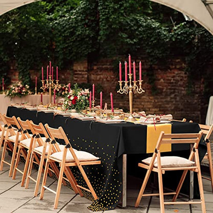 12Pack Disposable Plastic Tablecloths and Satin Table Runner Set Black and Gold Dot Tablecloth Gold Satin Table Runner for Wedding Birthday Baby Shower Anniversary Christmas New Year Party Supplies - color: Black and Gold, size: 12 Pack