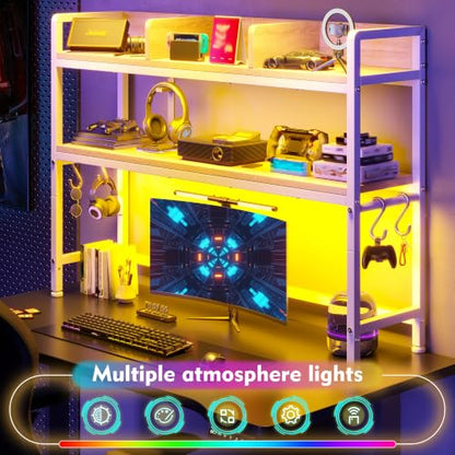 REIBII 2-Tier Desk Shelf, LED, Bedroom and Home Office, White - color: White, size: 7.8"D x 45.2"W x 38.7"H