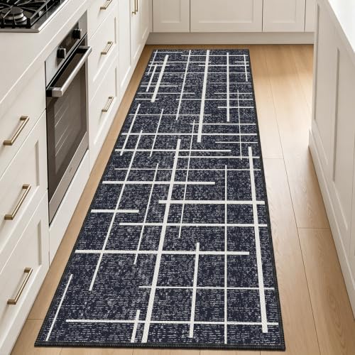 Modern Kitchen Runner Rug Non Slip 2.6x8, Washable Distressed Stripe, Hallway Runner, Woven Thin Low Pile Carpet Runners for Hallway 8ft Entryway, Kitchen, Walkway- Midnight Black - color: Striped-black/White, size: 2'7" x 8' (Runner)