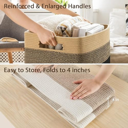 Optish 95L Large Woven Blanket Basket, Storage Basket with Handles - color: White & Brown, size: 24" x 17" x 13.5"(95L)