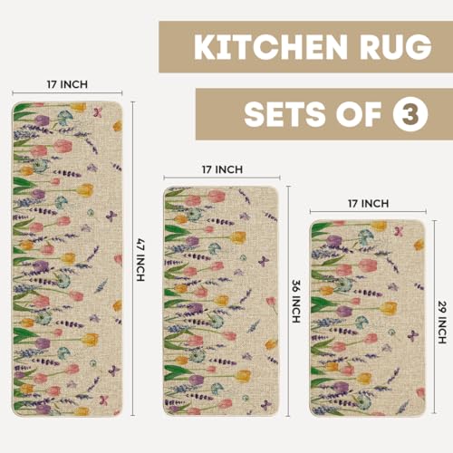 Artoid Mode Lavender Tulip Spring Kitchen Mats Set of 3, Seasonal Flower Summer Home Decor Low-Profile Kitchen Rugs for Floor - 17"x29"+17"x36"+17"x47" - size: 17"x29"/17"x36"/17"x47"