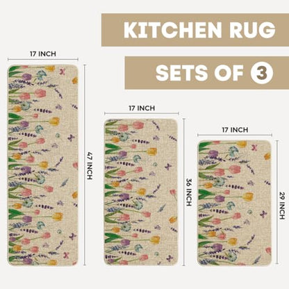 Artoid Mode Lavender Tulip Spring Kitchen Mats Set of 3, Seasonal Flower Summer Home Decor Low-Profile Kitchen Rugs for Floor - 17"x29"+17"x36"+17"x47" - size: 17"x29"/17"x36"/17"x47"