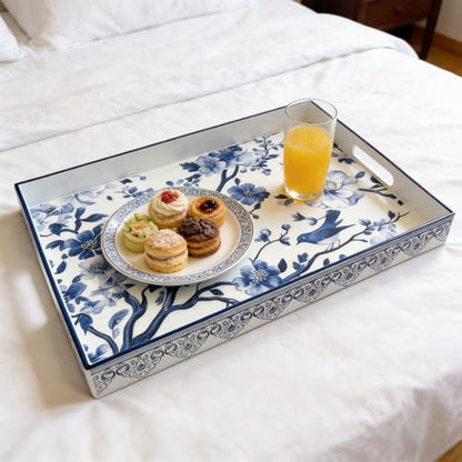 Serving Tray with Handles, 15.7 * 11.8 inches, Plastic Ottoman Tray with Exquisite Paintings, Trays for Coffee Table - color: Blue Sparrow