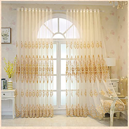 Amidoudou 1 Pair European Jacquard Sheer Curtains for Living Room Bedroom Luxury Embroidered Tulle Curtains (Gold,52x90 Inch) - color: Gold, size: 52"W x 90"L (Pack of 2)