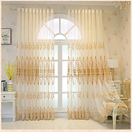 Amidoudou 1 Pair European Jacquard Sheer Curtains for Living Room Bedroom Luxury Embroidered Tulle Curtains (Gold,52x84 Inch) - color: Gold, size: 52"W x 84"L (Pack of 2)