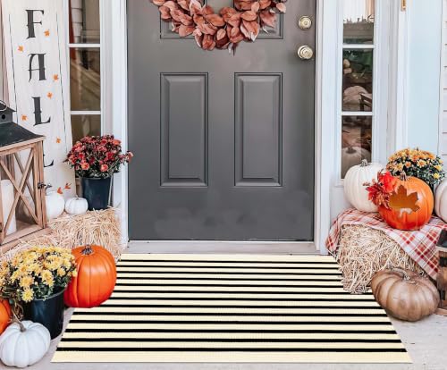 Black and Beige 2x3ft Outdoor Doormat Washable Striped Cotton Layered Rug - color: Beige Black, size: 2' x 3' (Rectangular)