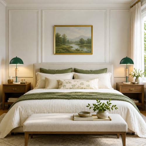 Green Bedside Table Lamp Set 2 Mid Century Modern Tavertine Nightstand Lamp - color: Green