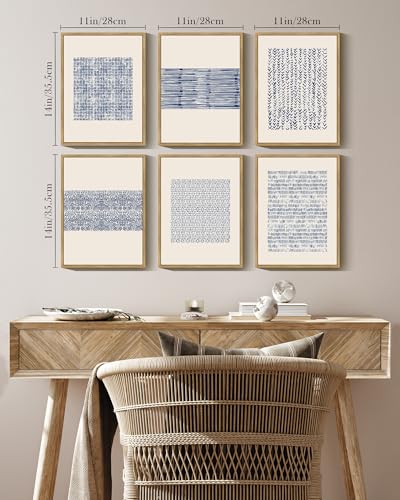 Drsoum Mid-century Boho Geometric Abstract Decor Blue White Grunge Minimalist Bohemian Wall Art Framed Canvas Prints 11"x 14"x 6pcs Natural Framed - color: Blue Bohemain, size: 11''x 14''x 6pcs, Natural Framed