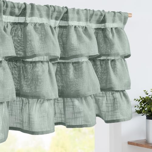 jinchan Ruffled Kitchen Window Valance Curtain, 18 Inch, 1 Panel, Green - color: 3-tier Ruffle | Frosty Green, size: 50"W x 18"L (Pack of 1)