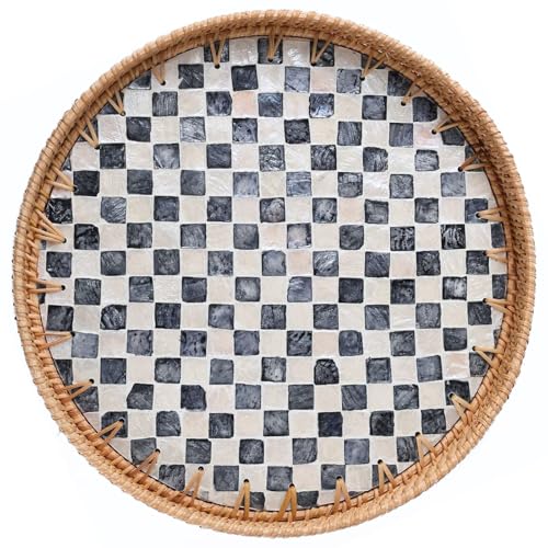 12'' Round Rattan Tray, Home Decor with Mother of Pearl Inlay, Terrekraft - color: Checkerboard, size: 12 Inch