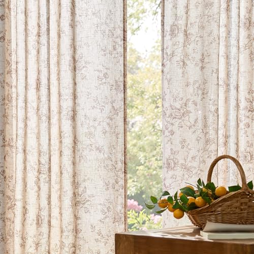 jinchan Linen Curtains 63 inch Taupe Floral Farmhouse Rod Pocket 2 Panels - color: Amlie Taupe, size: 50"W x 63"L (Pack of 2)