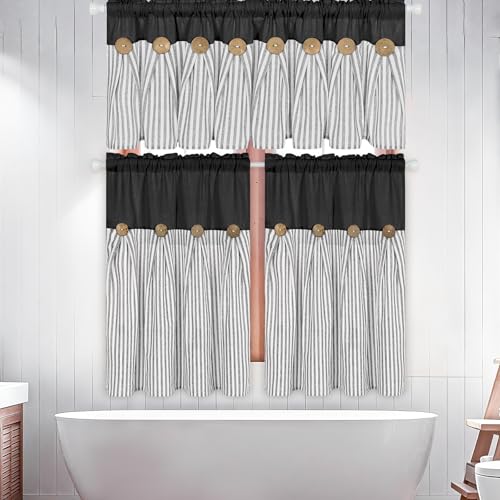 ASPMIZ Farmhouse Kitchen Curtains 24 Inch Length, Black Stripe, 2 Panels - color: Black&grey, size: 26"W x 36"L (Pack of 2)