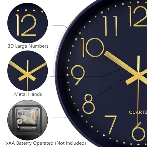 Silent Wall Clocks Battery Operated 8 Inch, Analog Wall Clock with Large Number Tempered Glass Clock Face, Navy Blue Quartz Non Ticking Wall Clocks for Living Room Bedroom Kitchen Office - color: Navy Blue, size: 8 Inch