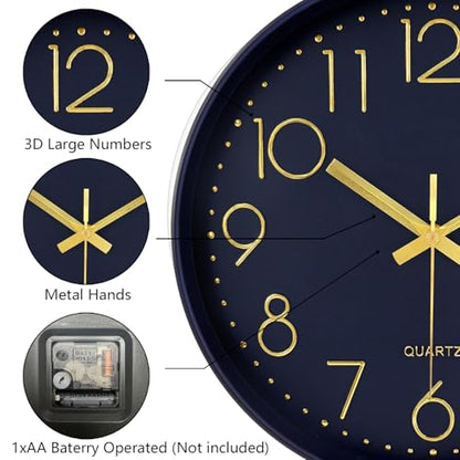 Silent Wall Clocks Battery Operated 8 Inch, Analog Wall Clock with Large Number Tempered Glass Clock Face, Navy Blue Quartz Non Ticking Wall Clocks for Living Room Bedroom Kitchen Office - color: Navy Blue, size: 8 Inch