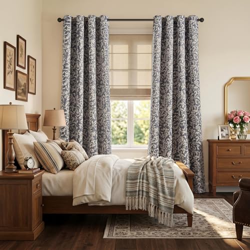 jinchan Blue Floral Curtians 90 Inch Room Darkening Grommet 2 Panels - color: *Dusty Blue, size: 50"W x 90"L (Pack of 2)