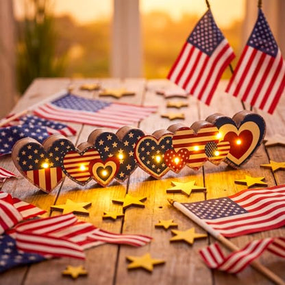 Yousoontic 4th of July Decorations Retro Patriotic Table Centerpieces with LED Lights Memorial Day Heart Wooden Sign Decor 3D Block Red White Blue Decor for 250th Anniversary Home Mantel Desk Party - style: Patriotic Star