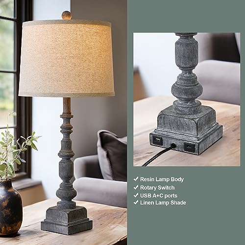 Oneach 27.75" Farmhouse Table Lamps Set of 2 for Living Room, USB A+C Port - color: Gray
