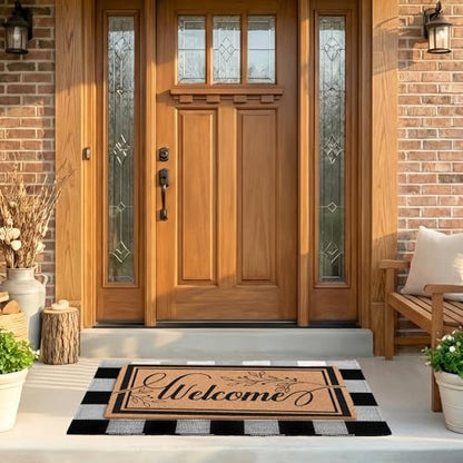 2-Piece Layered Welcome Mat Set - Coir Doormat & Buffalo Plaid Rug - color: Leaf Welcome 2