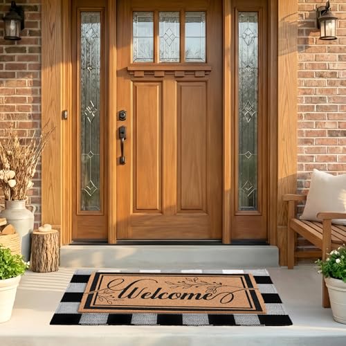 2-Piece Layered Welcome Mat Set - Coir Doormat & Buffalo Plaid Rug - color: Leaf Welcome 2