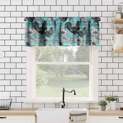 Rustic Farmhouse Chicken Valance Curtains, Retro Rooster Teal Blue Old Barn Door Farm Sunflower Small Short Window Curtain for Kitchen Dining Room Living Room, 54x18Inch - color: Chicken-8