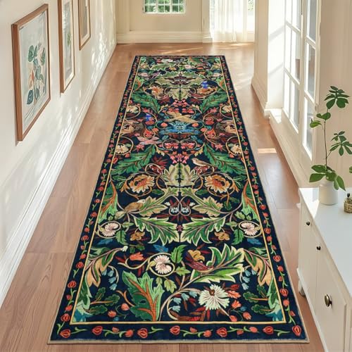 nesrt 2.6'x 8' Bird Runners for Hallway Kitchen Rug Non Slip, Long Washable Boho Jungle Runner Rugs, Soft Floral Botanical Carpet Runner for Hall, Laundry, Bedroom, Bathroom (Dark Green) - color: Dark Green, size: 2'7" x 8' (Rectangular)