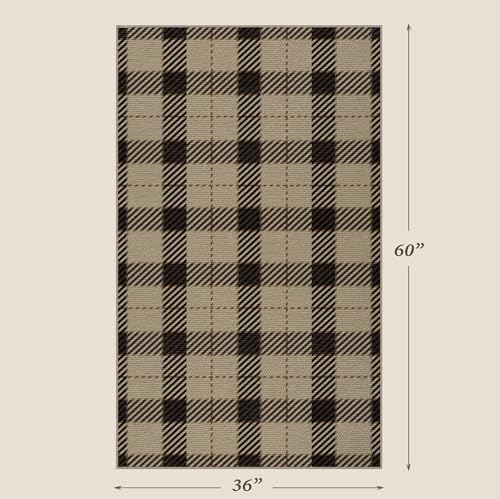 JTJ Outdoor Rug 3x5 for Front Porch, Washable Easy Jute Indoor Outdoor Rug, Non Slip Entryway Area Rug for Patio, Kitchen, Balcony, Farmhouse Black & Tan Plaid Rug - color: Beige Plaid, size: 3' x 5' (Rectangular)
