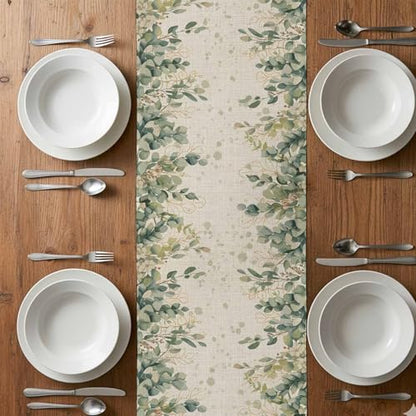 Sage Green Eucalyptus Leaves Table Runner 36 Inches Long,Retro Botanical Beige Cotton Linen Table Runners Dresser Scarves,Spring Leaf Fabric Tabletop Scarf Furniture Cover for Home Dinner Party13 x36 - color: Light Beige Sage Green, size: 13x36 Inches