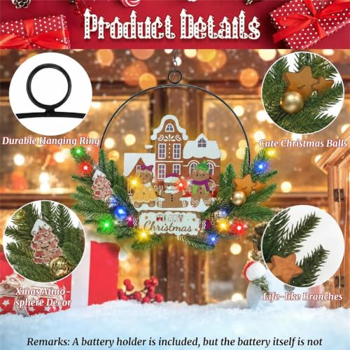 Pre-Lit Christmas Wreath for Front Door, Gingerbread with 6H On/18H Off - color: Gingerbread-multicolor