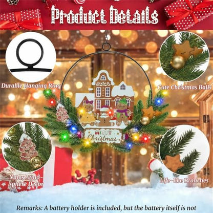 Pre-Lit Christmas Wreath for Front Door, Gingerbread with 6H On/18H Off - color: Gingerbread-multicolor