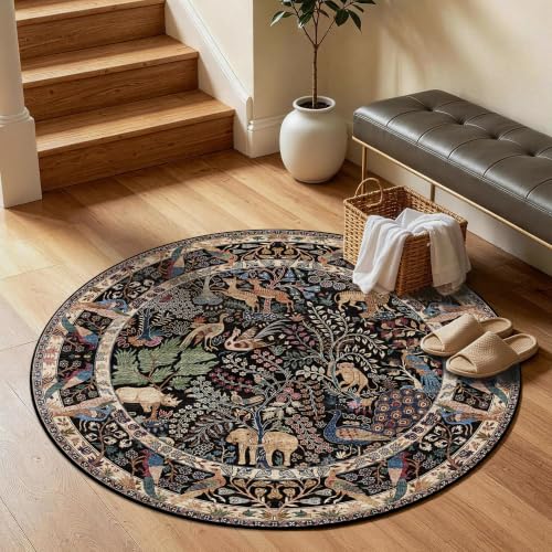 4ft Round Rug Circular Animal Print Area Rug Low Pile Indoor Rug - color: Black/Multi, size: 4' (Round)
