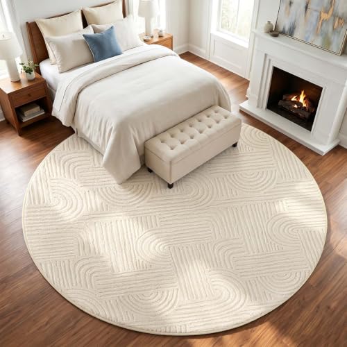Etwel 6.5 ft Beige Geometric Textured High-Low Pile Washable Round Rug - color: Neutral Beige, size: 6'5"