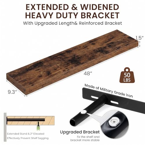 Dreamland 48Inch Floating Shelves for Wall 9.3" Deep Rustic Brown Set of 2 - color: Rustic Brown, size: 9.3"D x 48"L