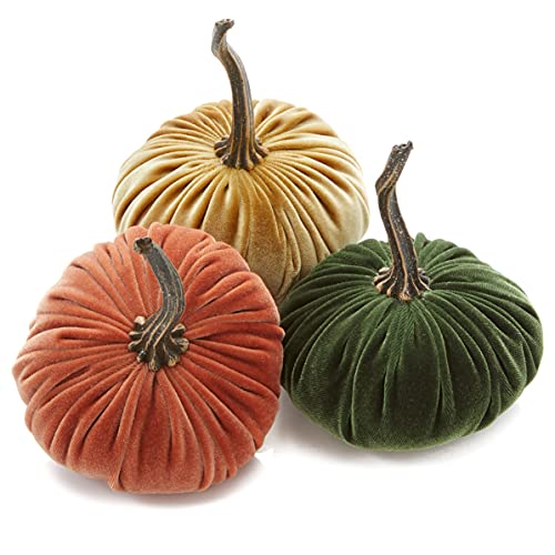 Your Heart's Content Set of 3 Small Velvet Pumpkins (Sm Harvest Gold Olive) - color: Sm Harvest Gold Olive
