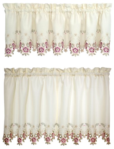 Today's Curtain Verona Reverse Embroidery Tier, 30", Ecru/Rose, 60"W X 30"L - color: Ecru/Rose, size: 60"W x 30"L (Pack of 1)