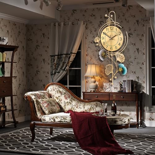FILLOVE Elegant Metal Wall Clock with Silent Round dial and Gold and Blue Leaves, Modern Non-Walking Silent Metal Wall Clock for Living Room, Bedroom, Study, Office (25in*12in) (Gold Leaf) - color: Gold Leaf