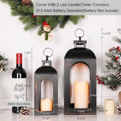 LED 랜턴 장식 야외 및 실내, 2개 세트 (43.2cm(17인치) 및 33cm(13인치)) 블랙 메탈 랜턴 장식, 빈티지 벽걸이 캔들 홀더 가정 현관 결혼식 할로윈 크리스마스 장식 배터리 전원 - color: 블랙 브론즈 브러시 / 43.2cm(17인치)+33cm(1