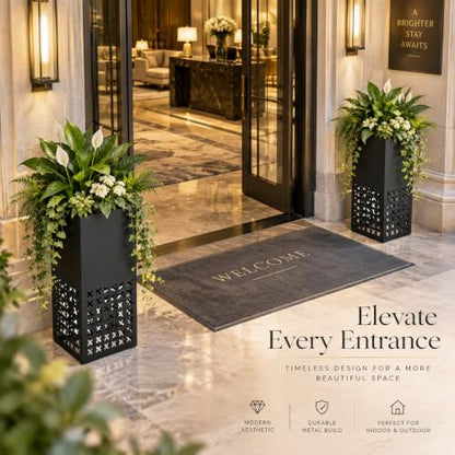 2 Pack Tall Outdoor Planters,14"Lx14'Wx30"H Metal Black Planter for Porch