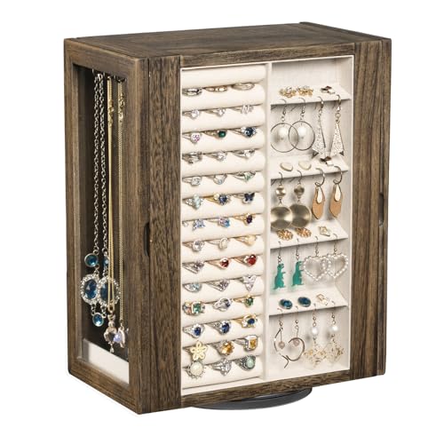 Emfogo 360° Rotating Jewelry Box for Women, Rustic Wooden Jewelry Organizer Box with 5 Drawers, Glass Doors, Vertical Open Design Jewelry Storage Case Display for Earrings Rings Necklaces Bracelets - color: Vintage