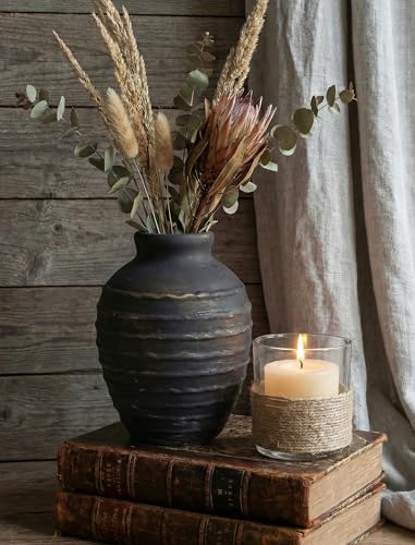 NiHome 6.7" Ribbed Ceramic Bud Vase, Farmhouse Flower Vase, Rustic, Black - color: Black