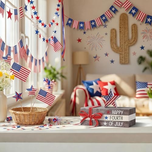 Smile Happy 4th of July Wooden Block Stack with Patriotic Star Decor, Tiered Tray Tabletop Sign for Independence Day Decorations - style: Star