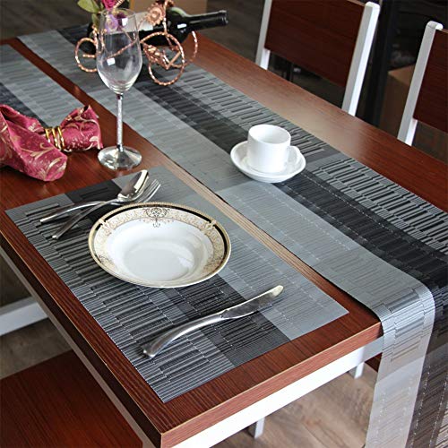 SHACOS Placemats with Table Runner Set of 7 Woven Vinyl Table Mats and Runner for Dining Table Heat Resistant, Ombre Black Gray - color: Ombre Black Gray, size: Placemats and Table Runner Set of 7